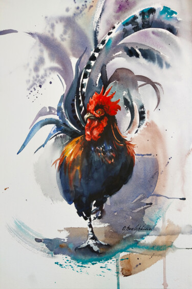 Stroll - walking rooster portrait Painting titled "Stroll - walking ro…" by Olga Bezlepkina, Original Artwork, Watercolor