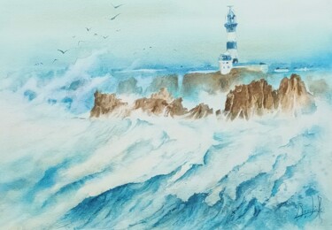 Peinture intitulée "Ouessant, le phare…" par Marc Broudic, Œuvre d'art originale, Aquarelle
