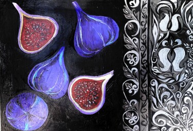 PURPLE FIGS ON A SILVER ORIENTAL CARPET 제목이 "PURPLE FIGS ON A SI…"인 미술작품 Marta Abdullaeva (ATRAM)로, 원작, 아크릴 판지에 장착됨