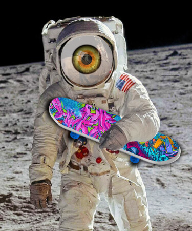 Eye Space Travel Astronaut Universe Moon Skateboard Skating 绘画 标题为“Eye Space Travel As…” 由Tony Rubino, 原创艺术品, 丙烯 安装在木质担架架上