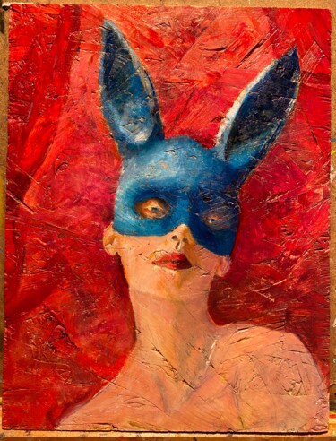 Painting titled "Blue Bunny" by Larry Aarons, Original Artwork, Oil