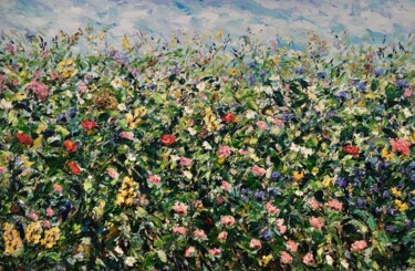 Large Flowers Field Impasto Oil Painting On Canvas 제목이 "Large Flowers Field…"인 미술작품 Vilma Gataveckiene로, 원작, 기름