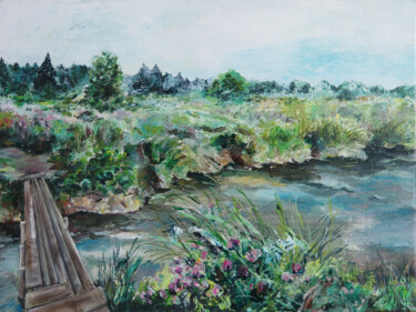 Wooden footbridge over a stream Painting titled "Wooden footbridge o…" by Lyudmila Chupina, Original Artwork, Acrylic