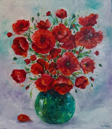 Flowers painting oil on canvas Poppies Wall art Impasto pain Painting titled "Flowers painting oi…" by Tatiana Krilova, Original Artwork, Oil