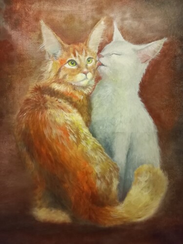 绘画 标题为“love cats - oil pai…” 由Alexandra Korchagina, 原创艺术品, 油 安装在木质担架架上