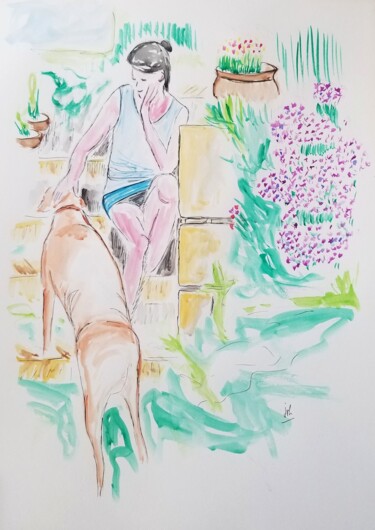 Peinture intitulée "La femme au chien" par Jean Philippe Dufau, Œuvre d'art originale, Aquarelle