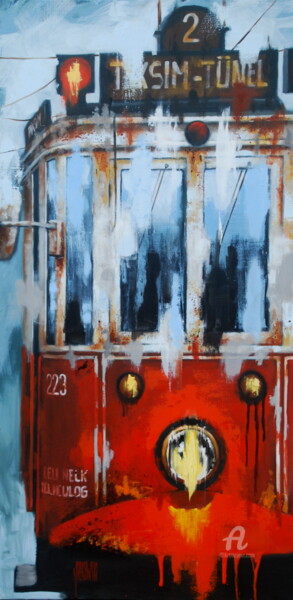 Tramway rouge Peinture intitulée "Tramway rouge" par Sylvie Julkowski-Egard, Œuvre d'art originale, Huile Monté sur Châssis en bois