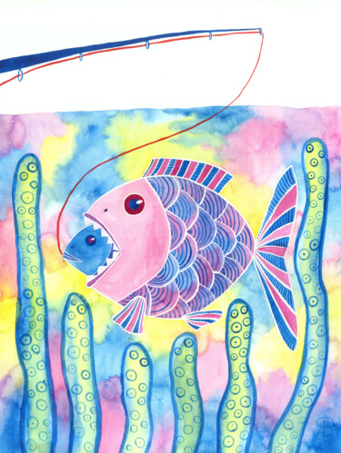 Schilderij getiteld "Fishing for predato…" door Yana Bila, Origineel Kunstwerk, Aquarel