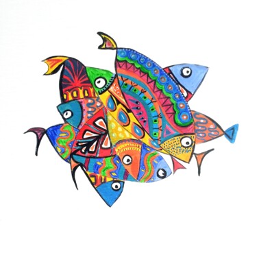 Peinture intitulée "Poissons001" par Anne Cabon, Œuvre d'art originale, Acrylique Monté sur Châssis en bois