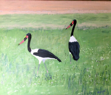 Painting titled "Jabirus en Tanzanie" by Marcel De Nazelle, Original Artwork, Acrylic