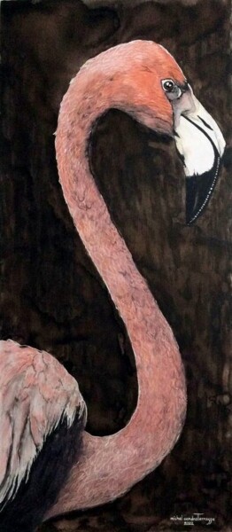 Peinture intitulée "FLAMANT ROSE" par Michel Cendra-Terrassa, Œuvre d'art originale, Aquarelle Monté sur Châssis en bois