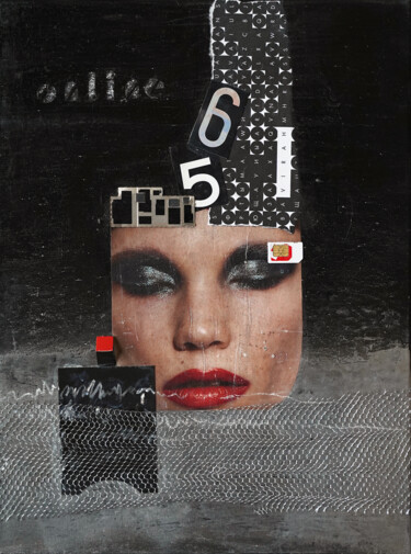 “Online sleep” black red network mixed media conceptual art Коллажи под названием "“Online sleep” blac…" - Palirina, Подлинное произведение искусства, Акрил Установлен на Деревянная ра…