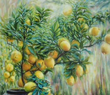 Painting titled "Лимоны" by Olga Buzmakova, Original Artwork, Oil Mounted on Wood Stretcher frame