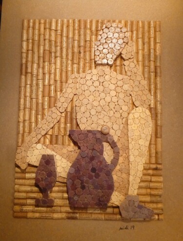 Collages titled "Assis en tailleur" by Michel Divorne, Original Artwork, Collages Mounted on Wood Panel