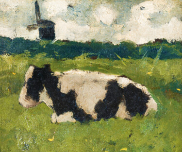 Sitting Cow On Farm Wind Mill 绘画 标题为“Sitting Cow On Farm…” 由Tony Rubino, 原创艺术品, 丙烯 安装在木质担架架上