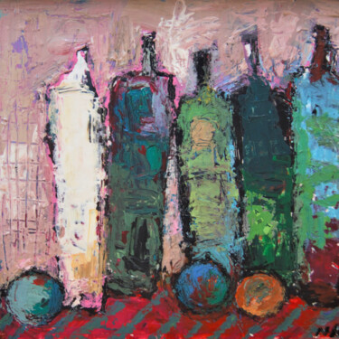 CINQ BOUTEILLES AU FOND ROSE Painting titled "CINQ BOUTEILLES AU…" by Germain Henneka, Original Artwork, Acrylic Mounted on Cardboard