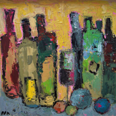 BOUTEILLES AU FOND JAUNE Painting titled "BOUTEILLES AU FOND…" by Germain Henneka, Original Artwork, Acrylic Mounted on Cardboard