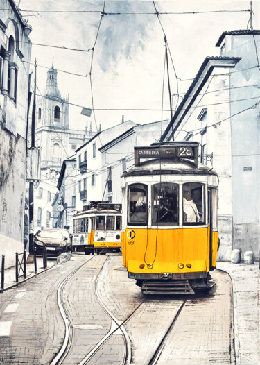 Electric Lisbon Peinture intitulée "Electric Lisbon" par Christian Girault, Œuvre d'art originale, Huile Monté sur Châssis en bois