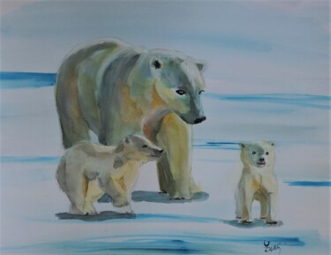 Painting titled "OURSES POLAIRES" by Isabelle Zwang, Original Artwork, Watercolor