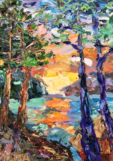 Sunset Impasto Oil Painting On Canvas Board Original Signed Pintura titulada "Sunset Impasto Oil…" por Vilma Gataveckiene, Obra de arte original, Oleo Montado en Cartulina