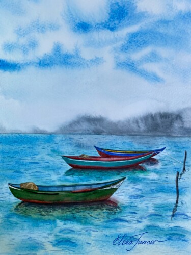"Calm Breeze"Boats on peaceful sea, Watercolor on Paper 제목이 ""Calm Breeze"Boats…"인 미술작품 Elena Tuncer로, 원작, 수채화