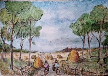 Peinture intitulée "Deux cyclistes" par Pierre Milosavljevic, Œuvre d'art originale, Aquarelle