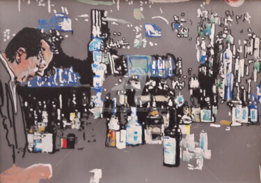 Zeichnungen mit dem Titel "Bar atteind" von Laurence Fauchart, Original-Kunstwerk, Marker Auf Andere starre Platte montiert