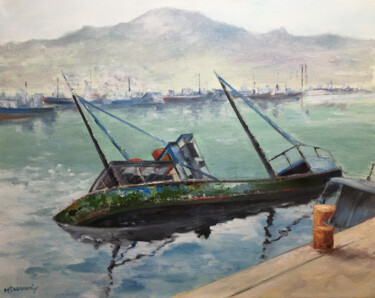 Schilderij getiteld "Bateau échoué - Hou…" door Marie-Françoise Durnerin, Origineel Kunstwerk, Olie