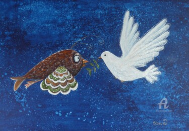 Le Poissonneau et la Colombe 「Le Poissonneau et l…」というタイトルの絵画 Brigitte Conan (Steva)によって, オリジナルのアートワーク, アクリル ウッドストレッチャーフレームにマウント