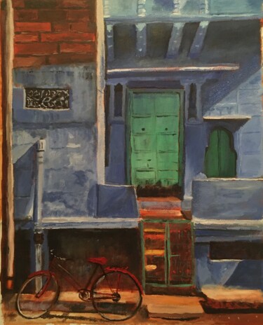 Peinture intitulée "Bicyclette rouge" par Karine Dessans, Œuvre d'art originale, Huile Monté sur Châssis en bois