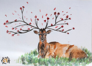Painting titled "Cerf printanier" by Léa Coutureau, Original Artwork, Watercolor