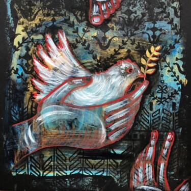 “DOVE OF PEACE WHEAT EAR“ SMALL ACRYLIC PAINTING Peinture intitulée "“DOVE OF PEACE WHEA…" par Yuliia Chaika, Œuvre d'art originale, Acrylique