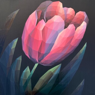 RED CRYSTAL TULIP ON A BLACK BACKGROUND Schilderij getiteld "RED CRYSTAL TULIP O…" door Maria Tuzhilkina, Origineel Kunstwerk, Acryl Gemonteerd op Frame voor houten…