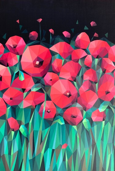Schilderij getiteld "FIRE POPPIES" door Maria Tuzhilkina, Origineel Kunstwerk, Acryl Gemonteerd op Frame voor houten brancard