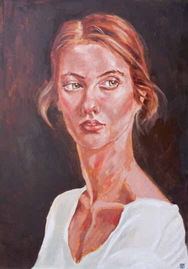 Portrait for custom Painting titled "Portrait for custom" by Tatiana Myreeva, Original Artwork, Oil Mounted on Wood Stretcher frame