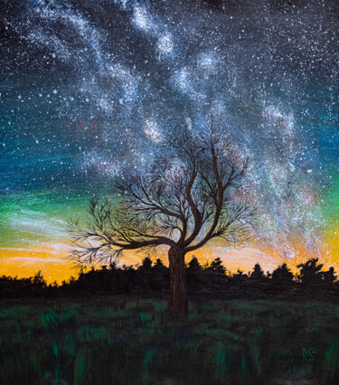 WINDSWEPT, 50x40 lonely tree, sunrise, night scene, dark sky Painting titled "WINDSWEPT, 50x40 lo…" by Rimma Savina, Original Artwork, Acrylic Mounted on Wood Stretcher frame