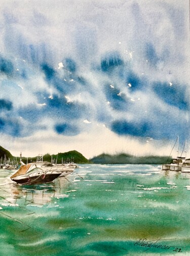 "In the Bay"Yachts in Calm Marine, Watercolor on Paper 제목이 ""In the Bay"Yachts…"인 미술작품 Elena Tuncer로, 원작, 수채화