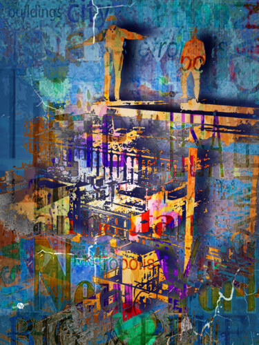 New York Men On Unfinished Skyscraper Blue 绘画 标题为“New York Men On Unf…” 由Tony Rubino, 原创艺术品, 丙烯 安装在木质担架架上
