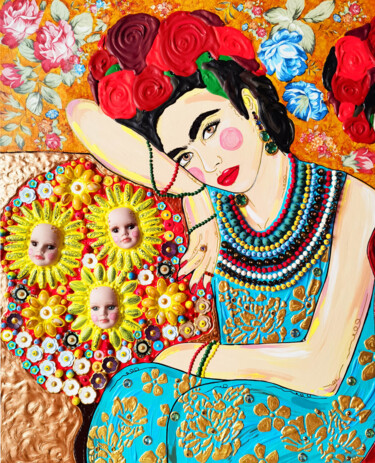 FRIDA KAHLO - SCULPTURAL 3D ARTWORK, FEMALE PORTRAIT ART 绘画 标题为“FRIDA KAHLO - SCULP…” 由Bast, 原创艺术品, 丙烯 安装在木质担架架上