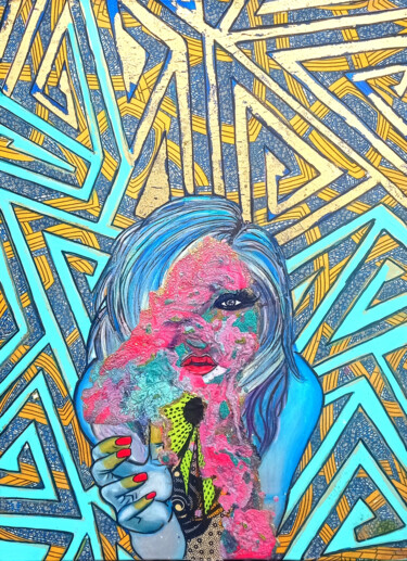 Painting titled "red finger girl" by Unikateh Bella, Original Artwork, Acrylic Mounted on Wood Stretcher frame