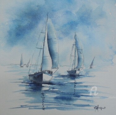Malerei mit dem Titel "Voiliers bleus" von Marie-Charlotte Houpeurt-Chauffeté, Original-Kunstwerk, Aquarell