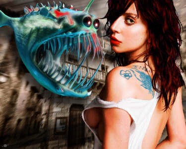 Lady Gaga And Angler Fish Malerei mit dem Titel "Lady Gaga And Angle…" von Tony Rubino, Original-Kunstwerk, Acryl Auf Keilrahmen aus Holz montiert