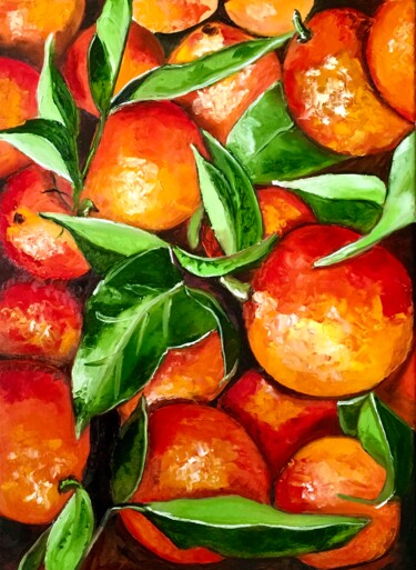 Red oranges, tree, still life, oil painting on linen canvas 绘画 标题为“Red oranges, tree,…” 由Olga Koval, 原创艺术品, 油 安装在木质担架架上