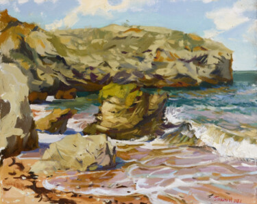 Painting titled "Cosmonauts Bay" by Nadia Boldina, Original Artwork, Oil Mounted on Wood Stretcher frame