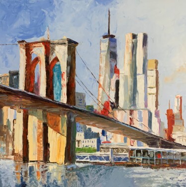 New York City. Brooklyn bridge. Palette knife original oil p 제목이 "New York City. Broo…"인 미술작품 Vita Schagen로, 원작, 기름 나무 들것 프레임에 장착됨