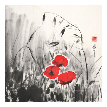 coquelicots et herbes folles Peinture intitulée "coquelicots et herb…" par Jean-Marc Moschetti (encre-zen), Œuvre d'art originale, Encre Monté sur Châssi…