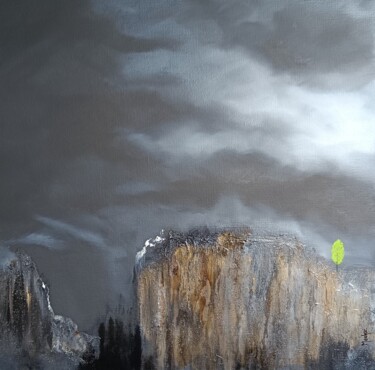 Painting titled "L'arbre vert" by Meskar, Original Artwork, Oil Mounted on Wood Stretcher frame