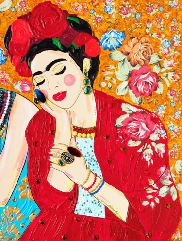 FRIDA KAHLO - FEMALE PORTRAIT ART. 3D SCULPTURAL ARTWORK "FRIDA KAHLO - FEMAL…" başlıklı Tablo Bast tarafından, Orijinal sanat, Akrilik Ahşap Sedye çerçevesi üzerine monte edilmiş