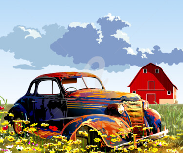 VOITURE ROUILLEE ET GRANGE Digitale Kunst getiteld "VOITURE ROUILLEE ET…" door Mahmoud Lahbib, Origineel Kunstwerk, 2D Digital Work