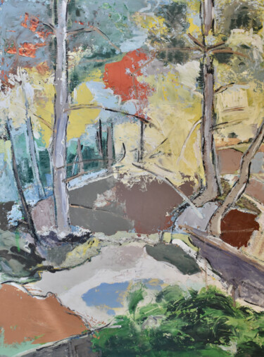 Paysage avec arbres et tache rouge Painting titled "Paysage avec arbres…" by Louisa Vernet-Déan, Original Artwork, Acrylic Mounted on Wood Stretcher frame